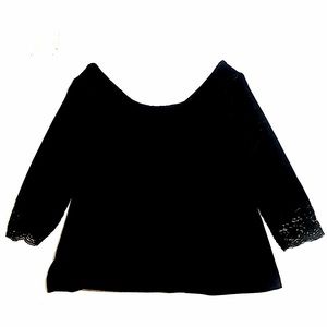Deb Black Soft Velvet Wide Boat Neck XL Airy Blouse with Lace Cuffs NWT